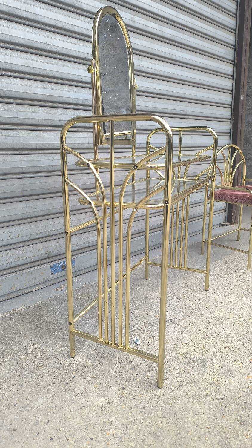 Gold metal dressing table and seat, Italy 1980