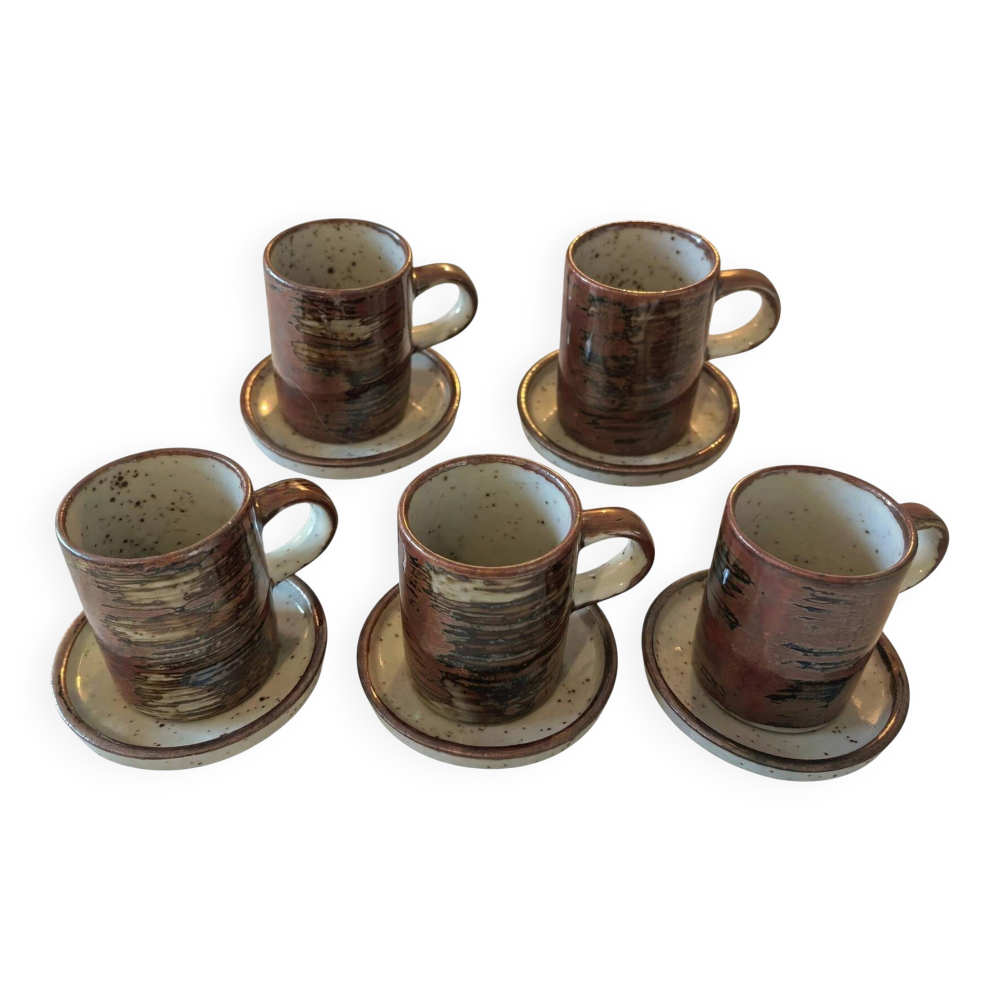Vintage coffee service 10 pieces, 5 cups plus 5 saucers in speckled stoneware.
