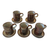 Service à café vintage 10 pièces, 5 tasses plus 5 souscoupes en grès mouch,