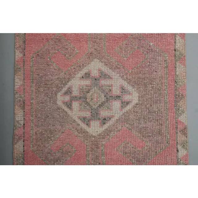 1970s Vintage Turkish Handmade Wool & Cotton Pink Runner Rug 100x339