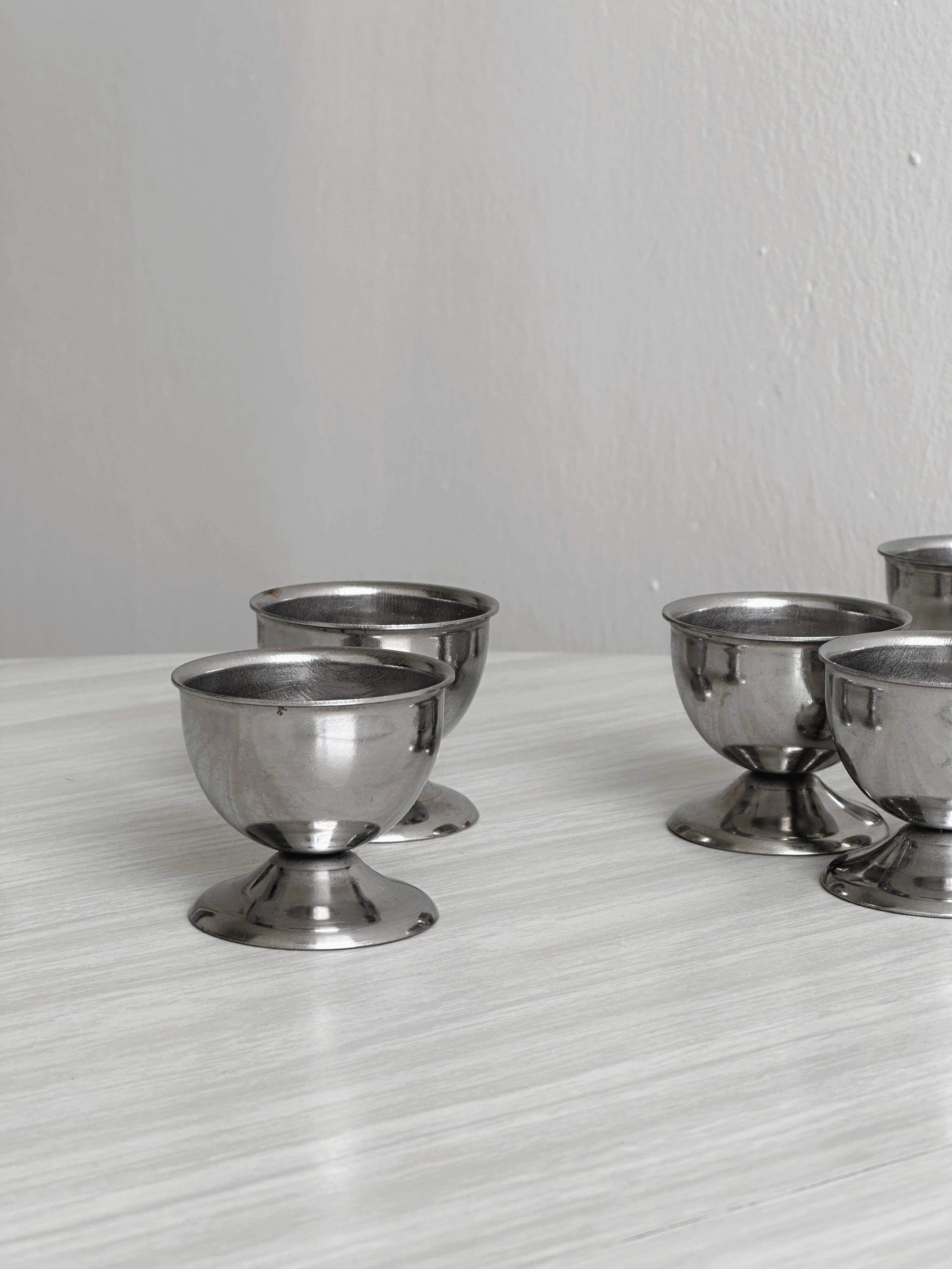 6 vintage stainless steel egg cups