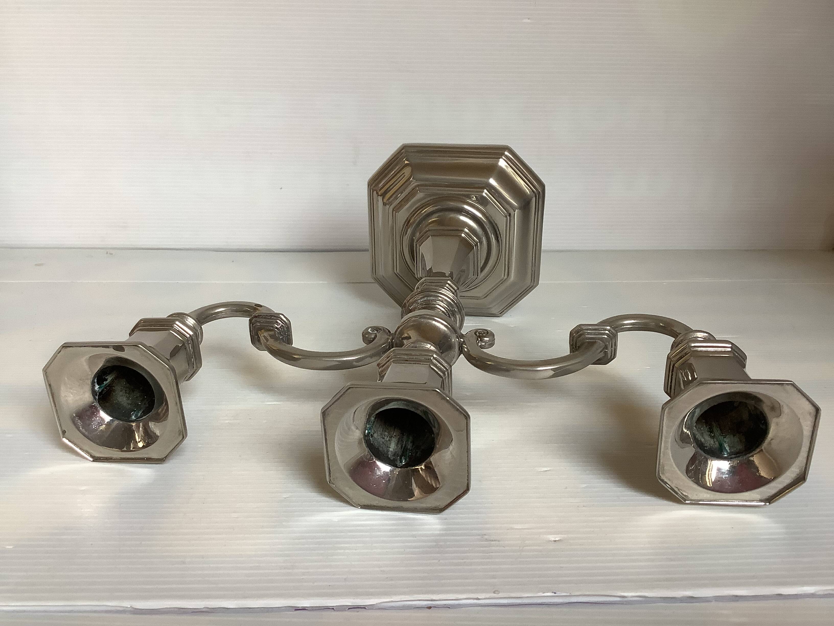 Large silver-plated metal three-light candlestick