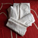 Antique hand embroidered linen 1 sheet 2 pillowcases 1 bolster cover