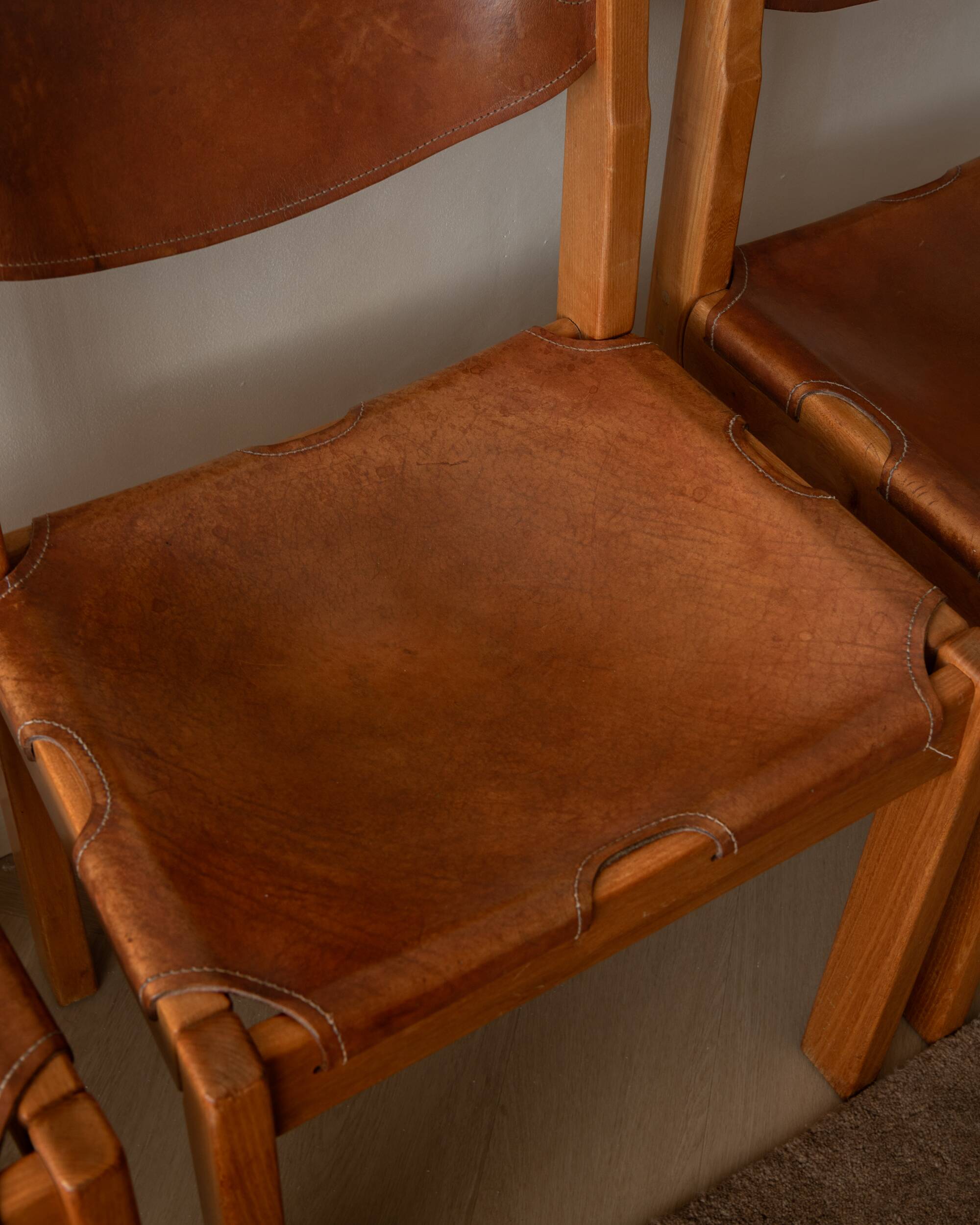 Brutalist Elm and Leather Dining Chairs by Maison Regain, 1970s, Set of 4
