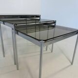 Italian Midcentury Set of Three Chromed Metal Glass Stackable Tray Tables,