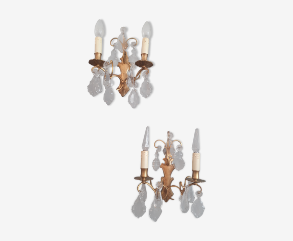 Paire d' appliques des années 50 en bronze doré et cristal de Bohême
