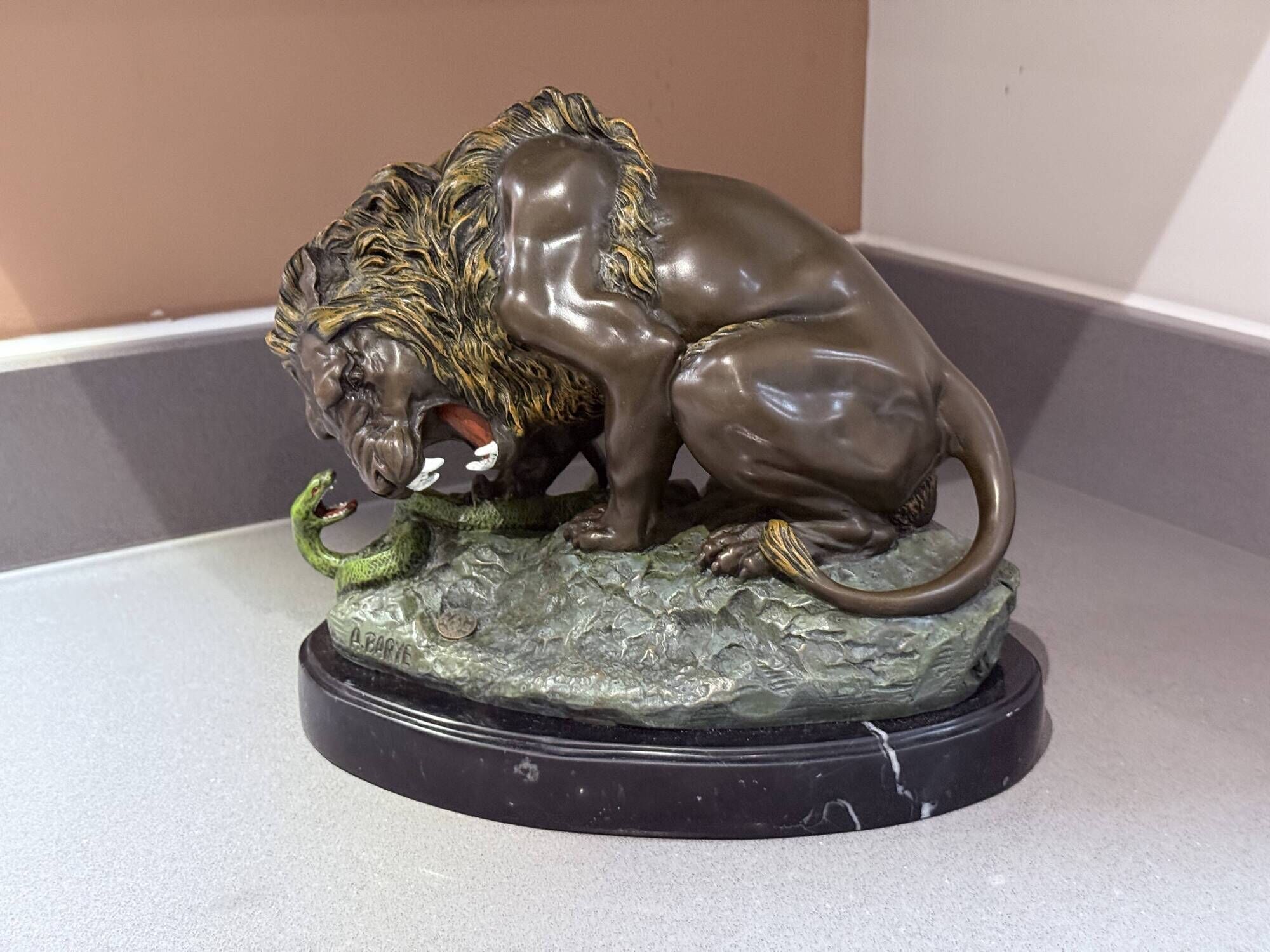 Antique Cold-Painted Bronze Lion Fighting a Snake, After Antoine-Louis Barye
