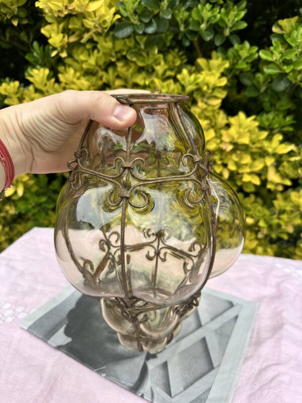 Suspension Applique Ancienne Vénitienne en Verre Soufflé & Fer Forgé