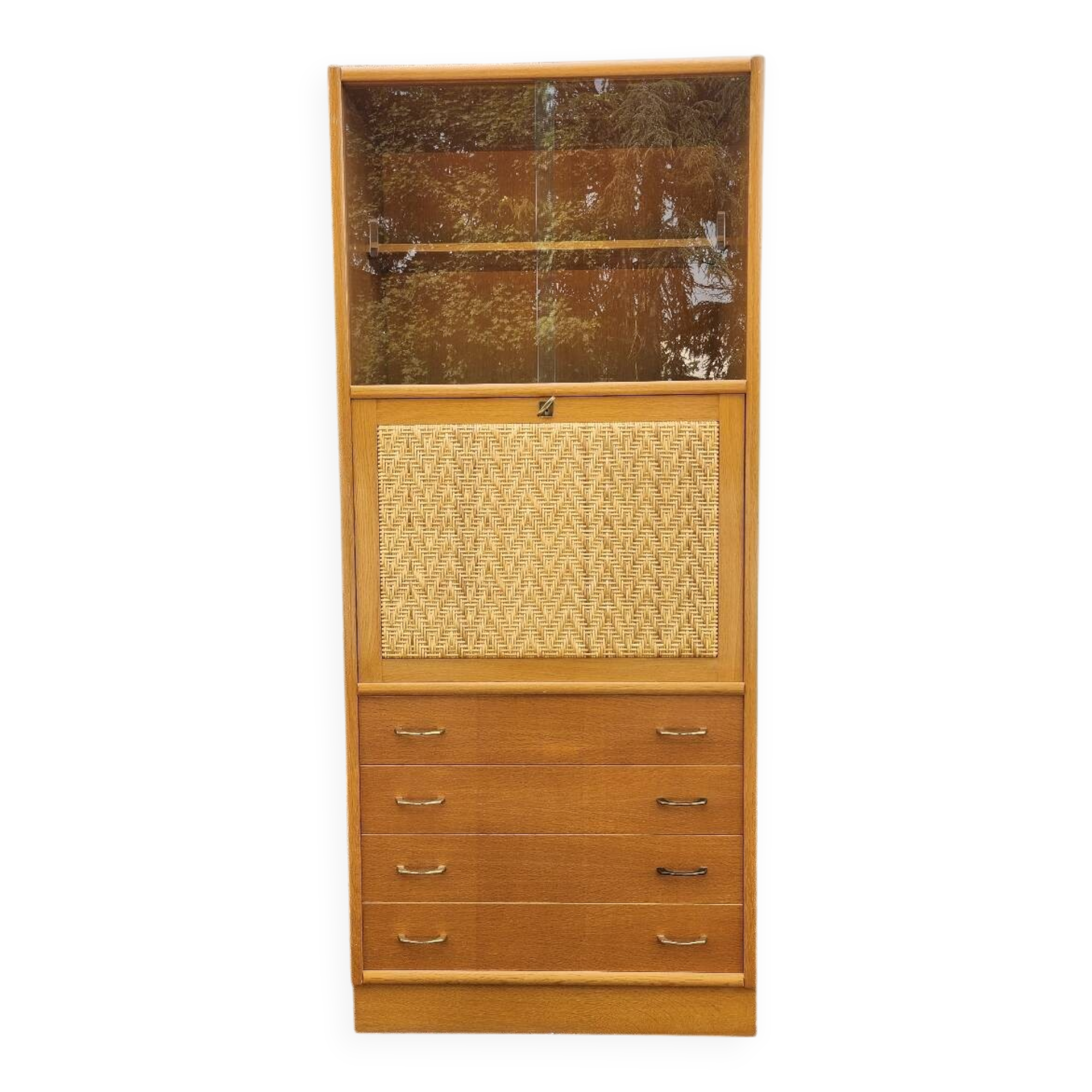 Old vintage rattan oak secretary desk bookcase