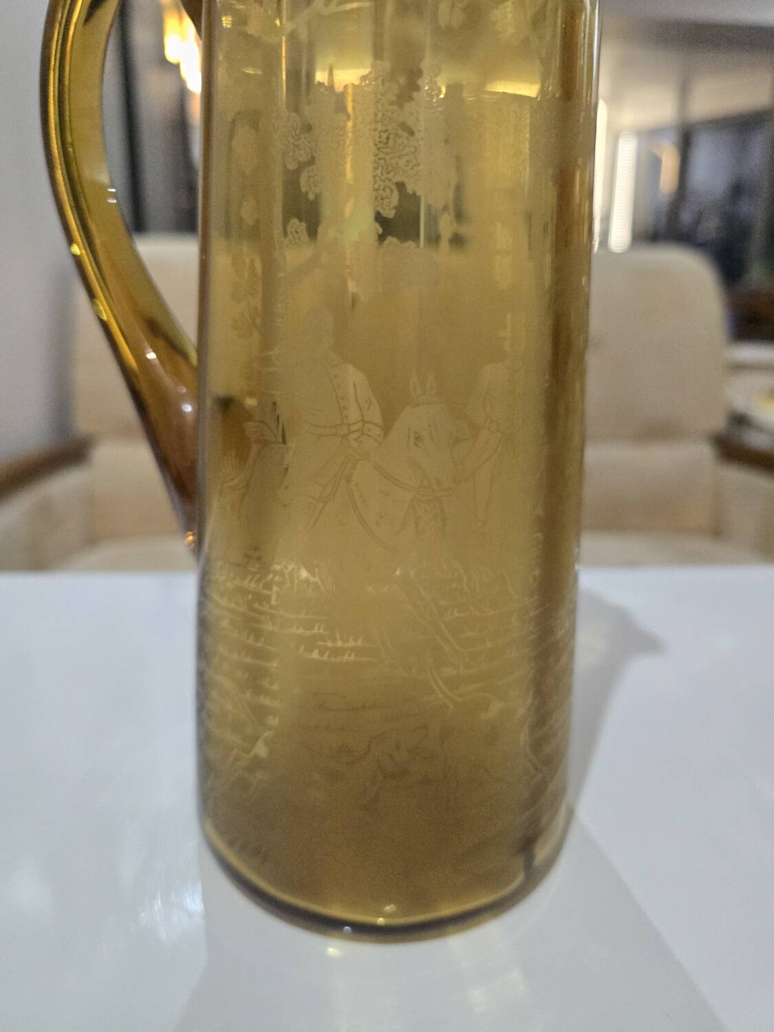 Antique amber glass pitcher engraved with a hunting scene decoration – circa 1