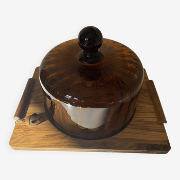 Cheese Cloche with its Blown Glass Tray - Vintage Amber Brown