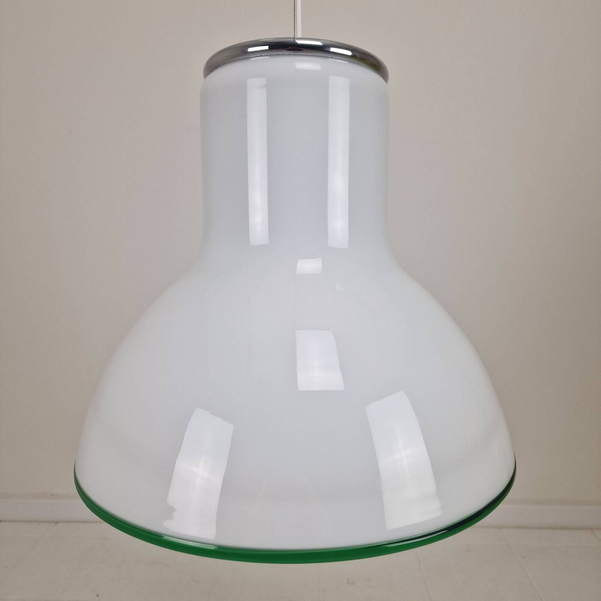 Large Italian Murano Cased Glass Pendant Light with Green Trim, 1970's