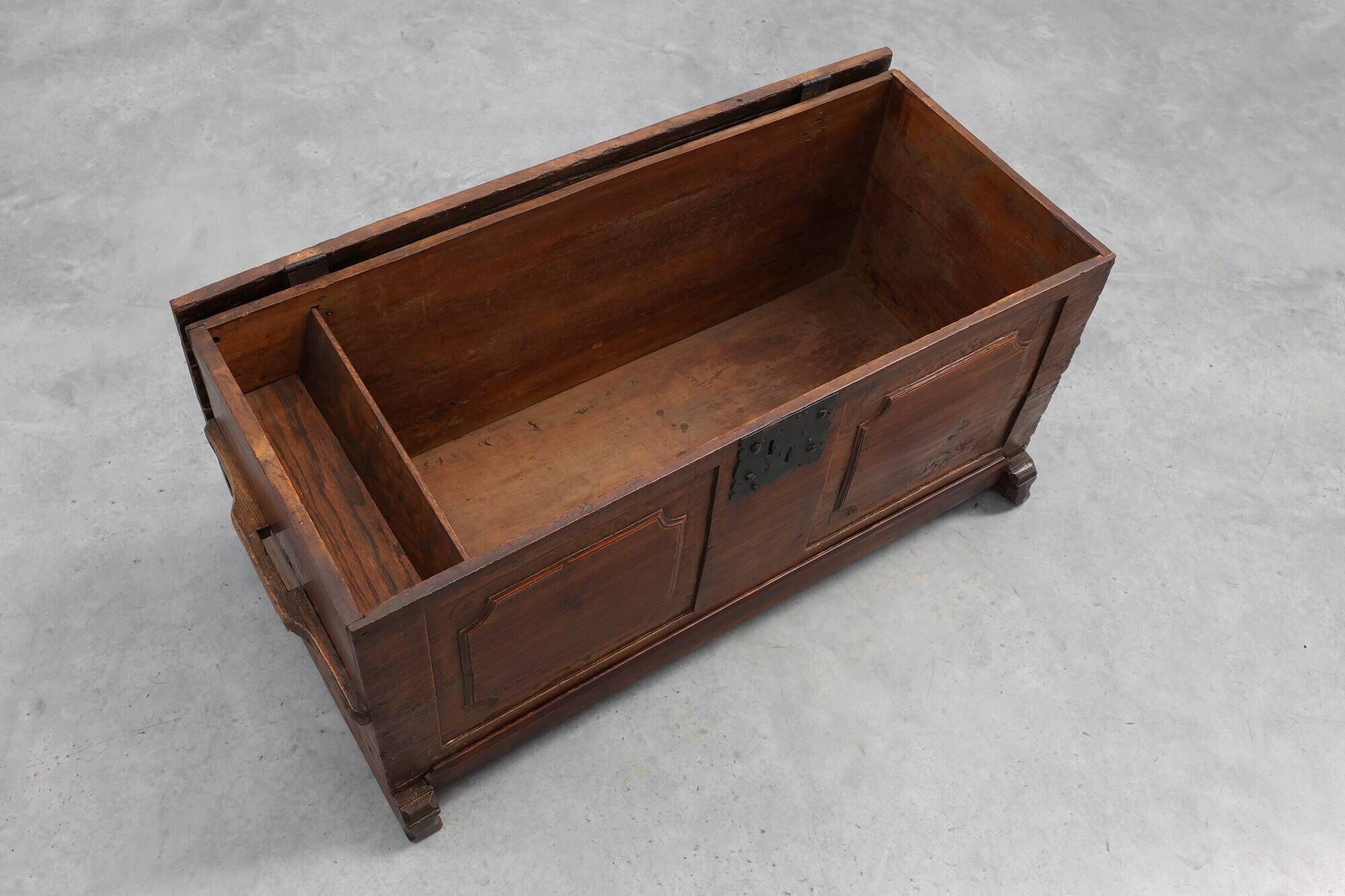 Flemish Oak Blanket Chest with panelled front and iron lock, dated 1825