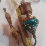 Pair of vintage wall lights in gold metal, green ceramic and glass globe