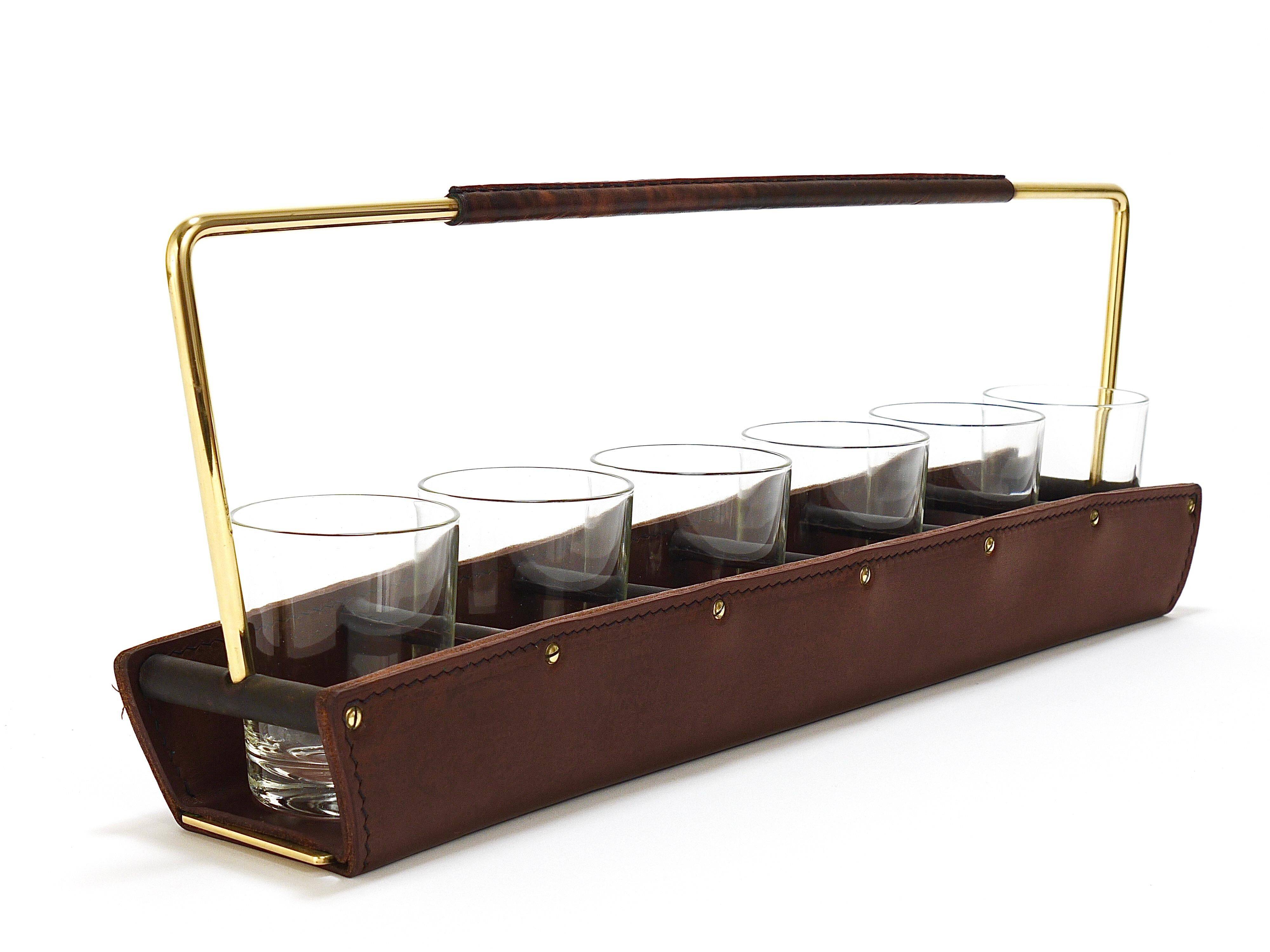 Carl Auböck II drinking glass holder, leather and brass, Austria 1950s