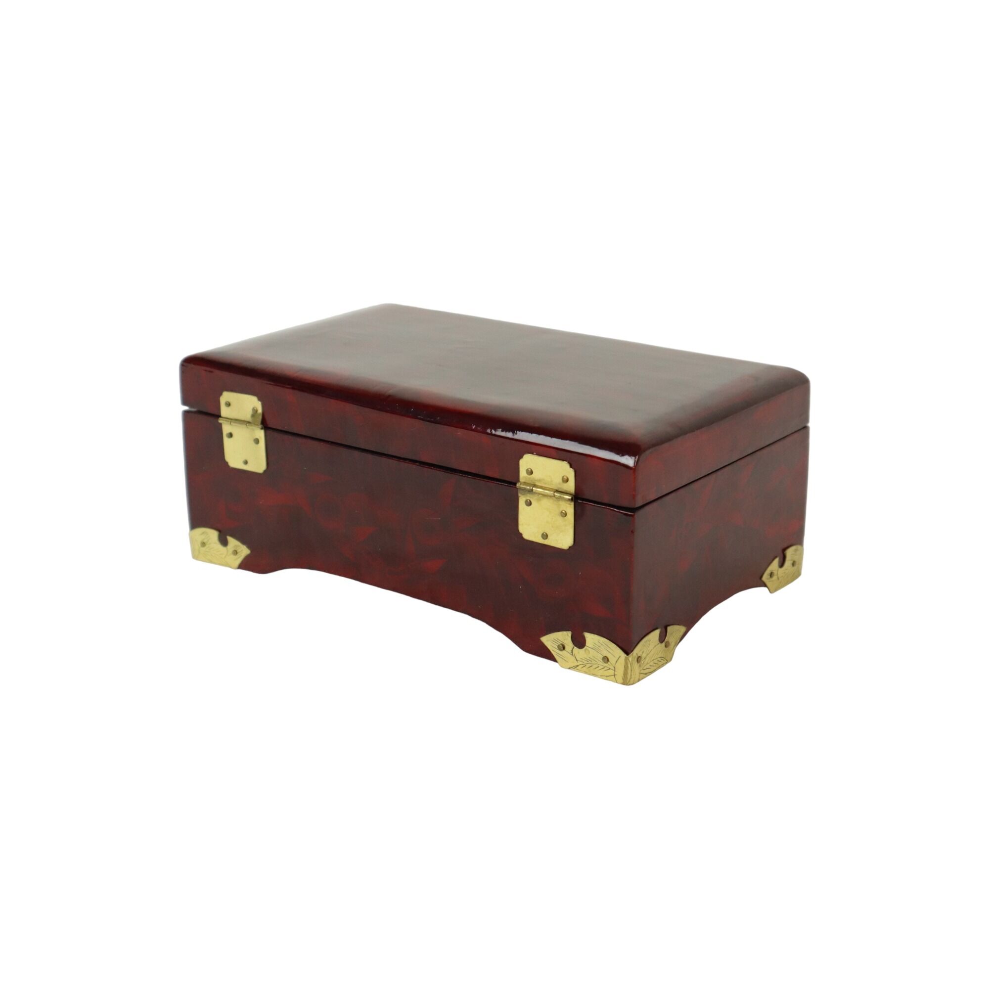 Vintage chinese wooden jewelery box jewelery red lining copper 20cm