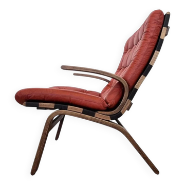 Fauteuil en bois cintré et cuir danois des années 1970 par Farstrup.