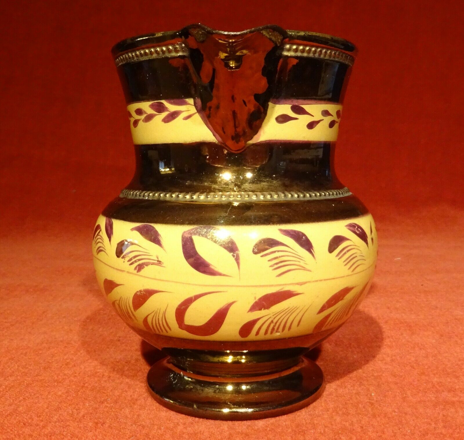 Old pitcher pitcher milk pot in Jersey ridge purple yellow gold