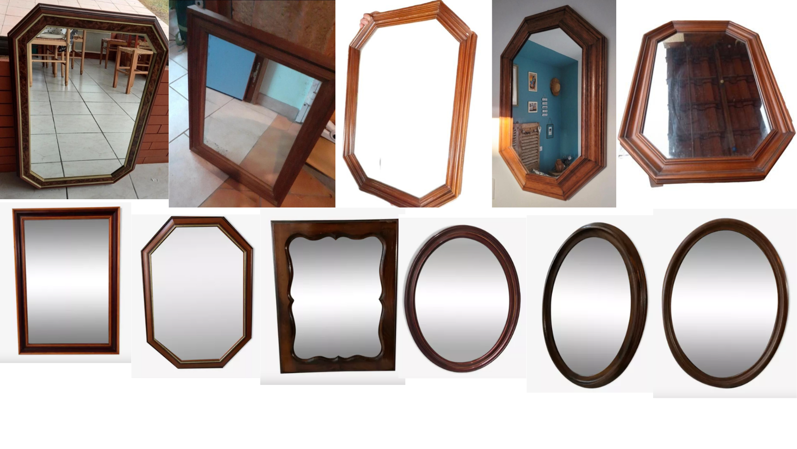 Set of 11 vintage wooden mirrors >60cm