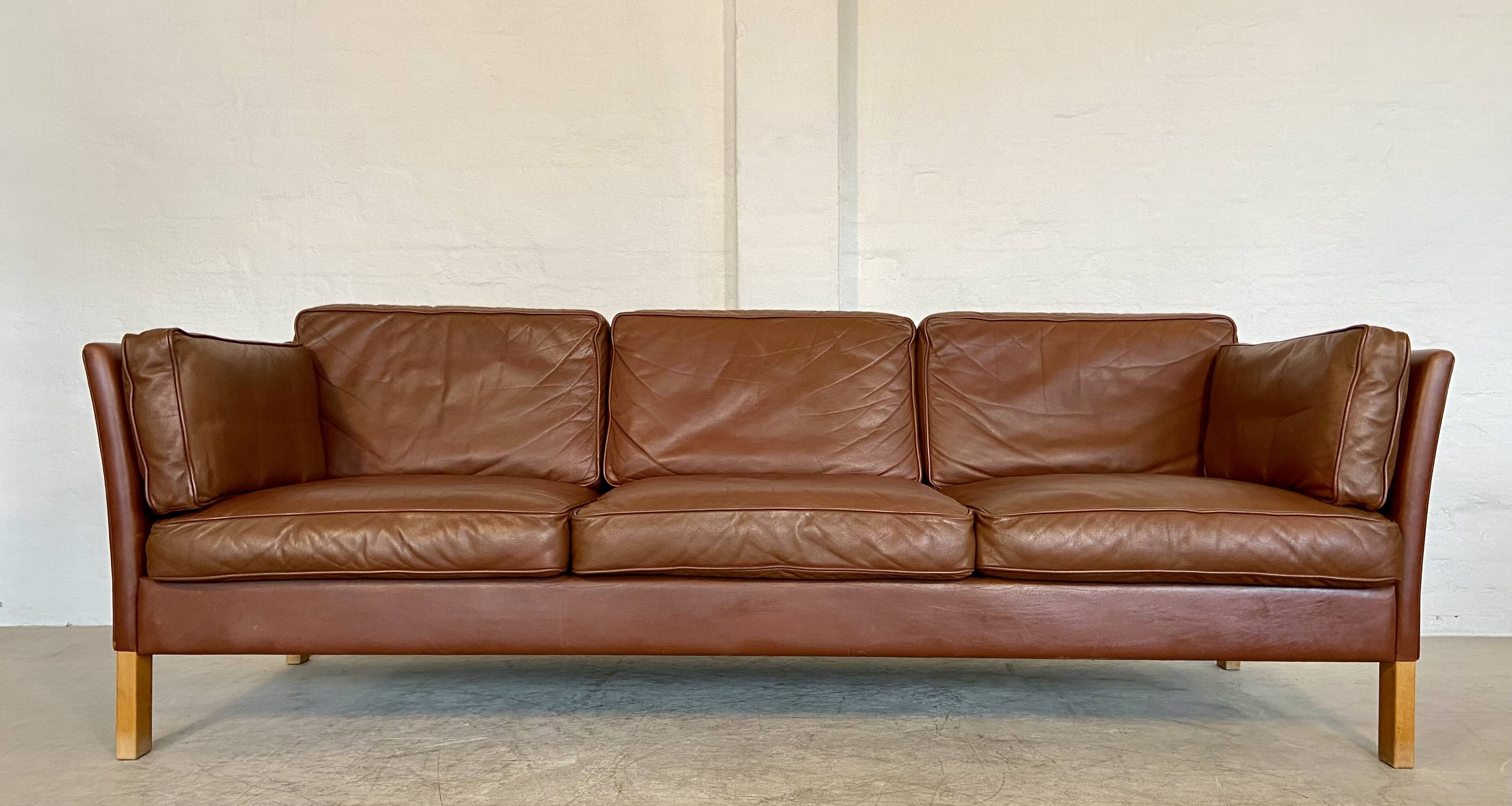 Vintage danish mid century mogens hansen 3 person cognac leather sofa 1960,s