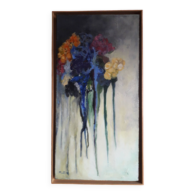 Tableau ancien à l'huile représentant un bouquet de fleurs