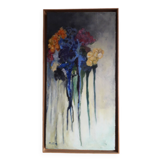 Old oil painting representing a bouquet of flowers