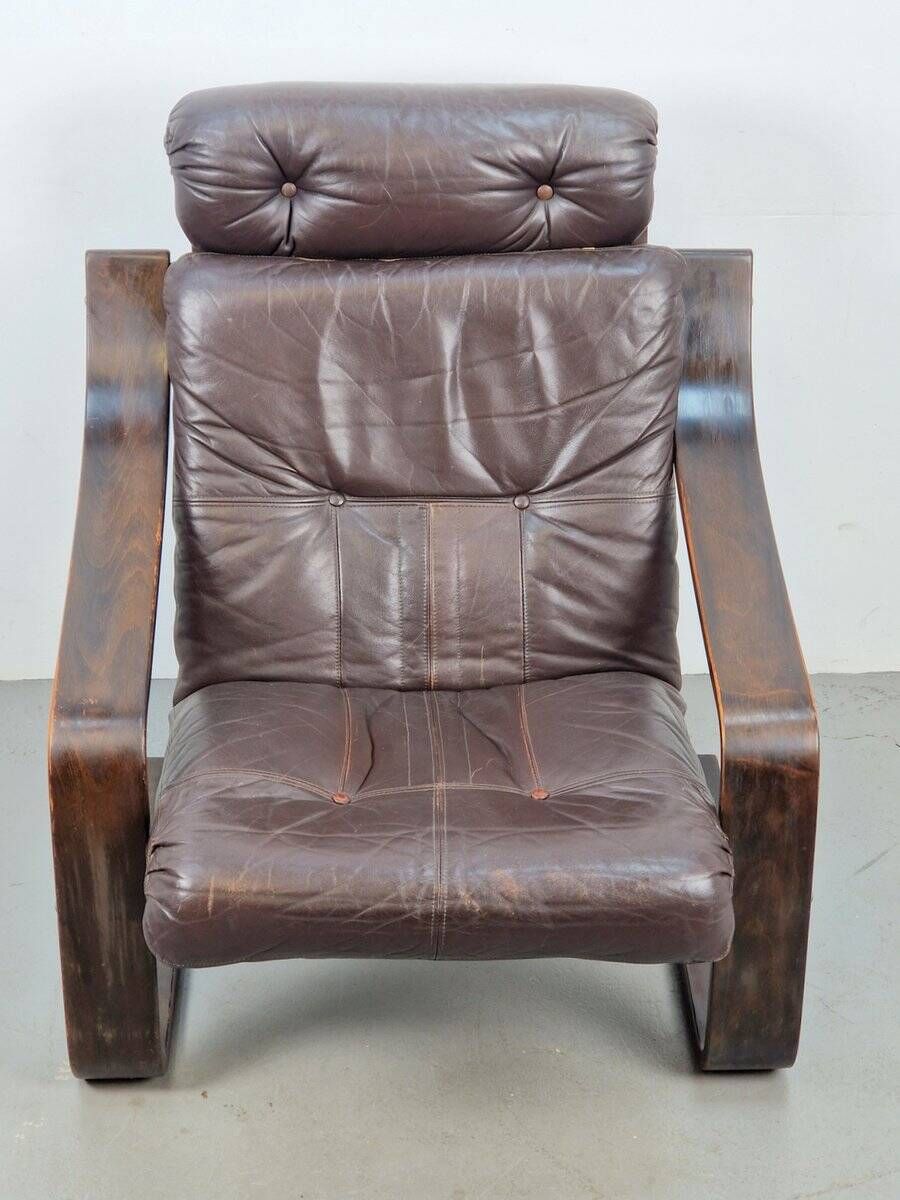 Vintage Armchair in Brown Leather and Bentwood attributed to Coja, 1970s