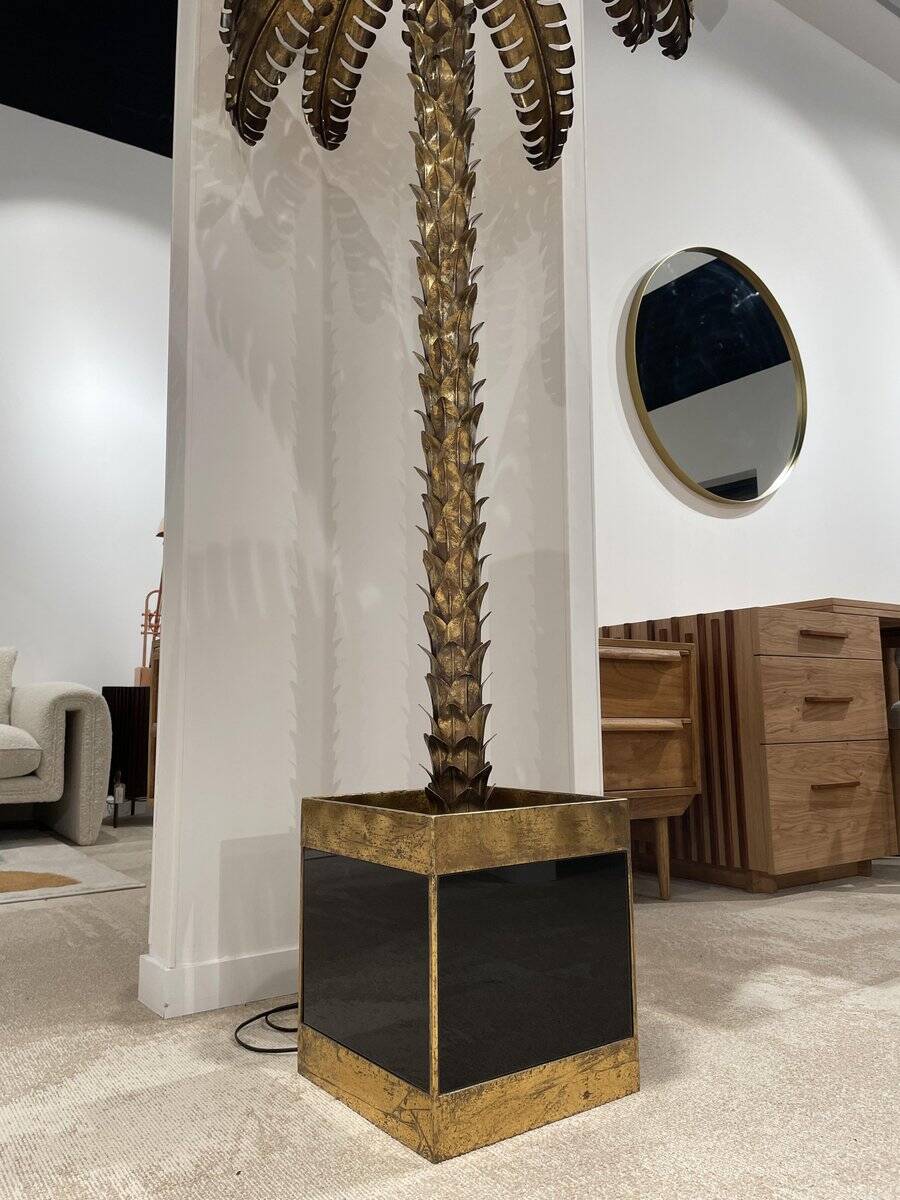 Palm Tree Floor Lamp in Gold Metal and Black Lacquered Mirror