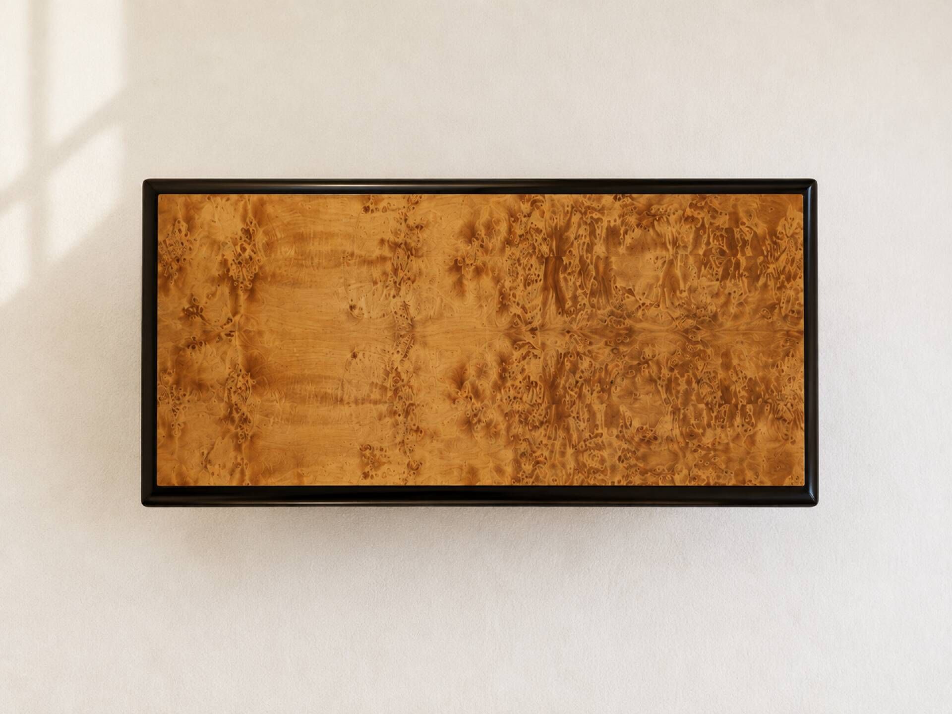Large vintage coffee table in walnut veneer and black wood, 1980s.