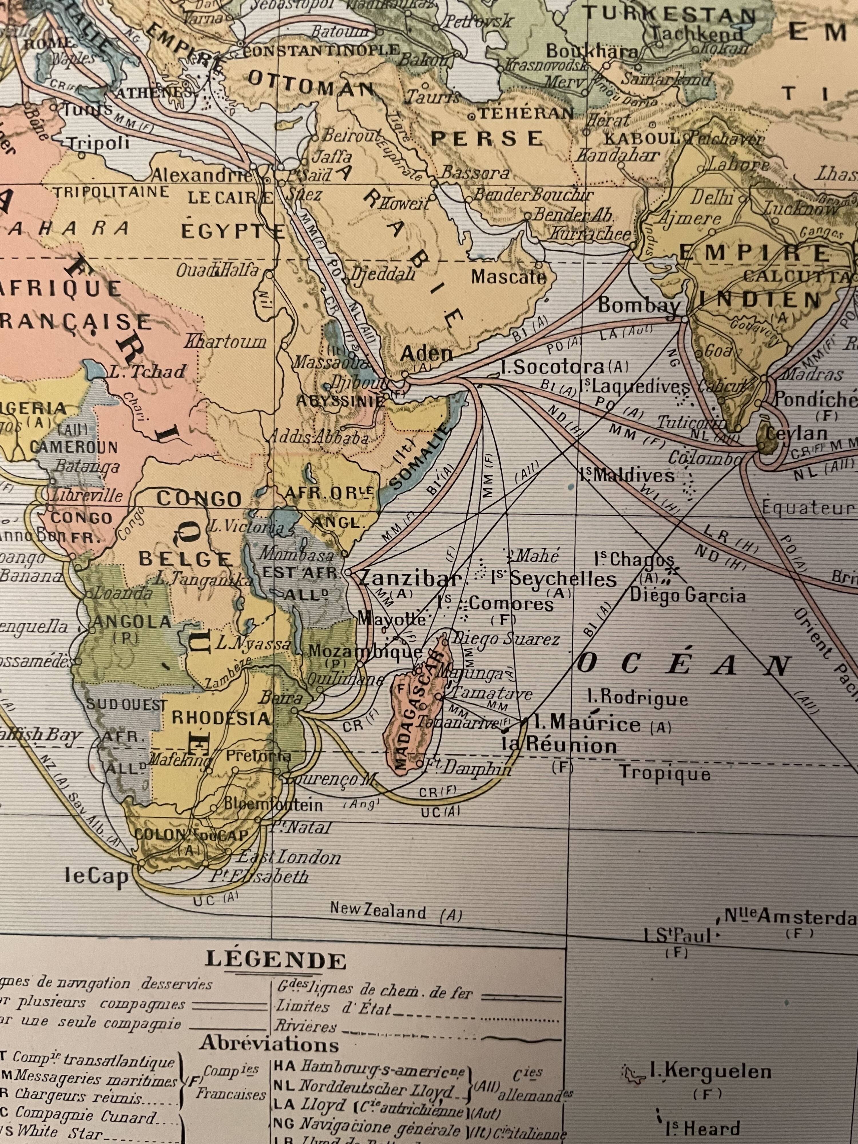 Lithography on Earth from 1897 - major communication routes, population density and religions