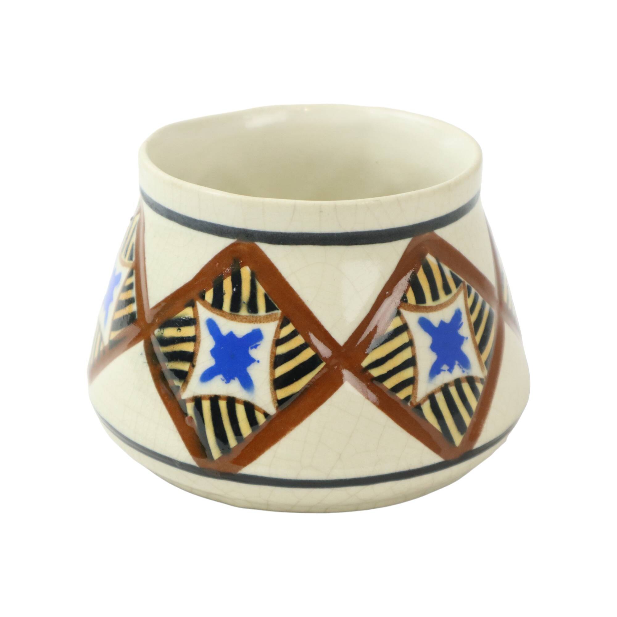 Abstract belgian art deco vase amc white blue black crackle earthenware