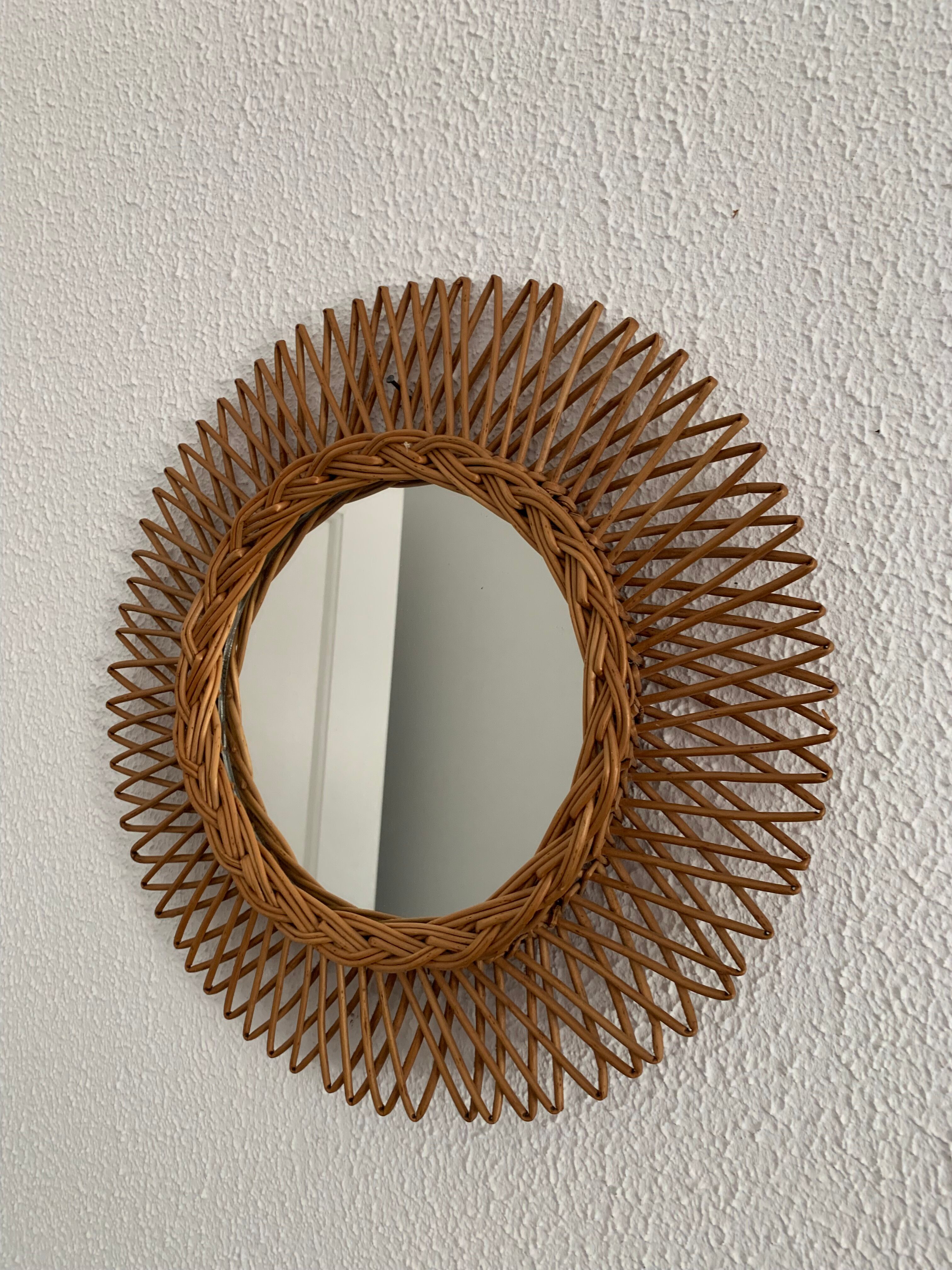 Vintage mirror 1960 sun rattan flower wicker - 37 cm