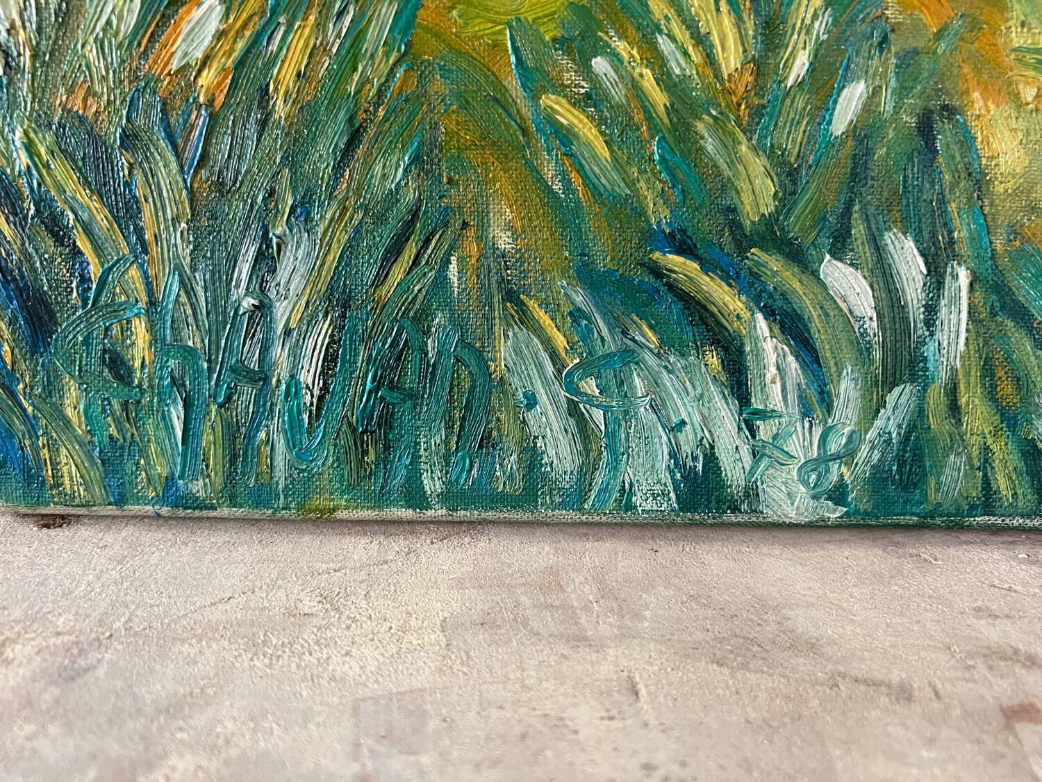 Canvas signed 20th century caravan with dedication on the back