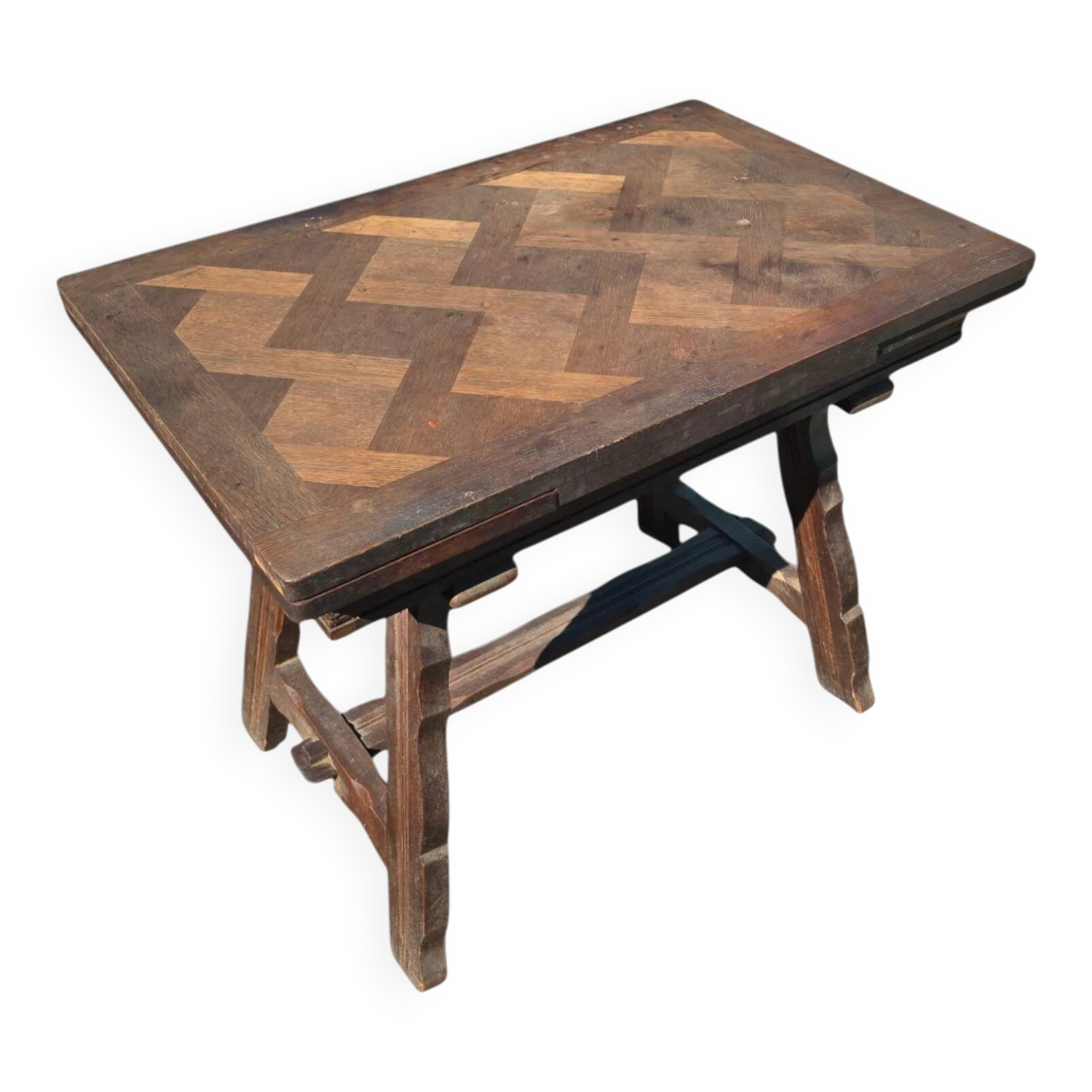 Table de repas rustique en chêne parqueté avec 2 rallonges