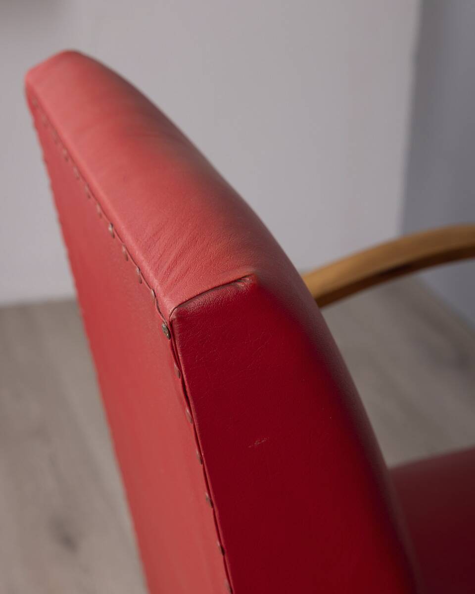 Pair of vintage 1950's armchairs in red leather, italian design
