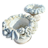 Paire de jardinières rondes sur pied - coupes de fruits en pierre