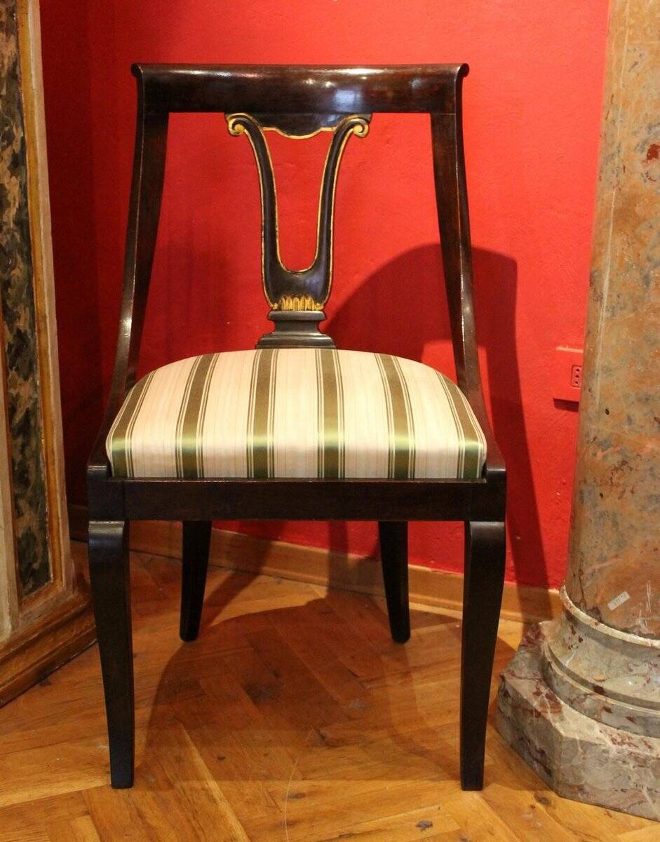 18th Century French Directoire Mahogany Chairs with Silk Blend Upholster Fabric, Set of 4