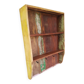 Wall shelf 3 shelves + 4 hooks cast iron in polychrome wood