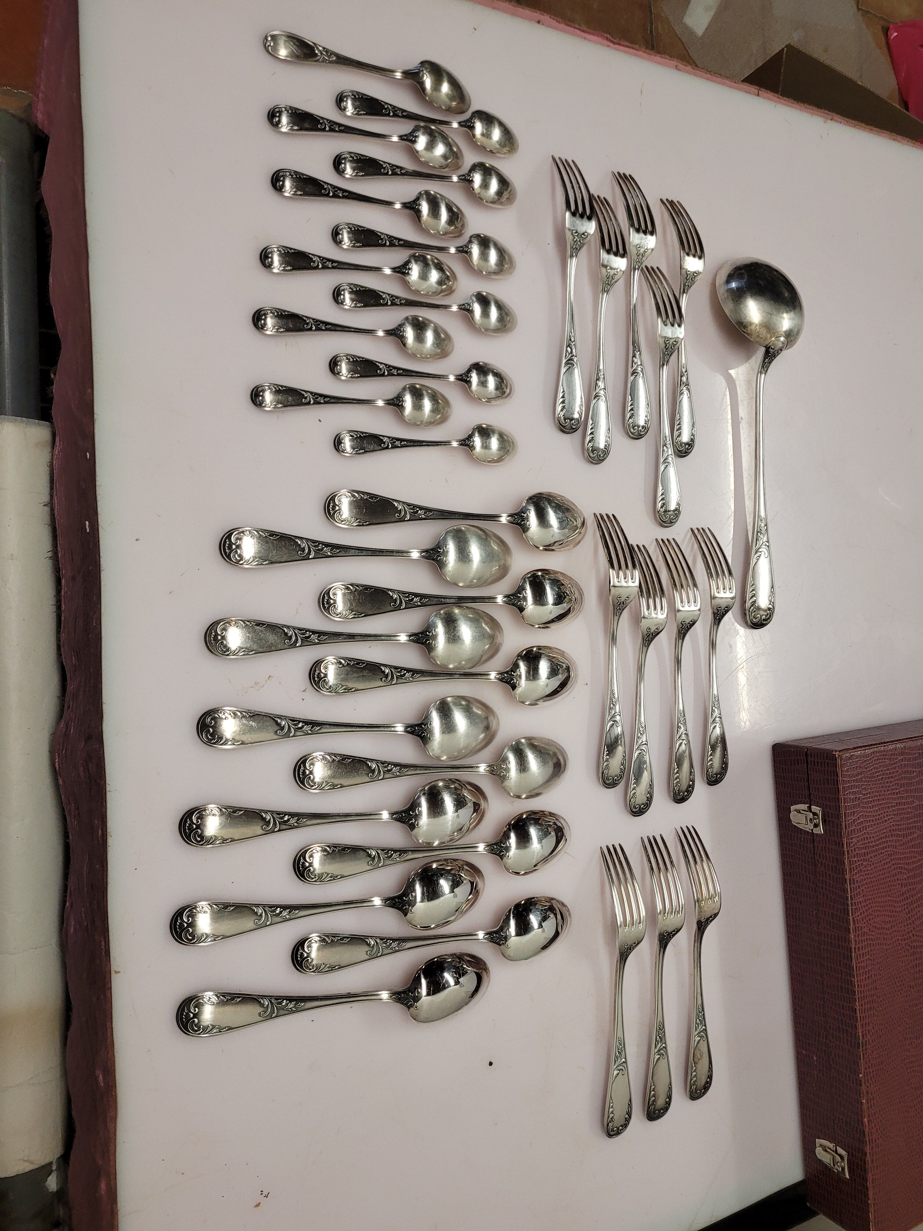 Old silver metal service with box