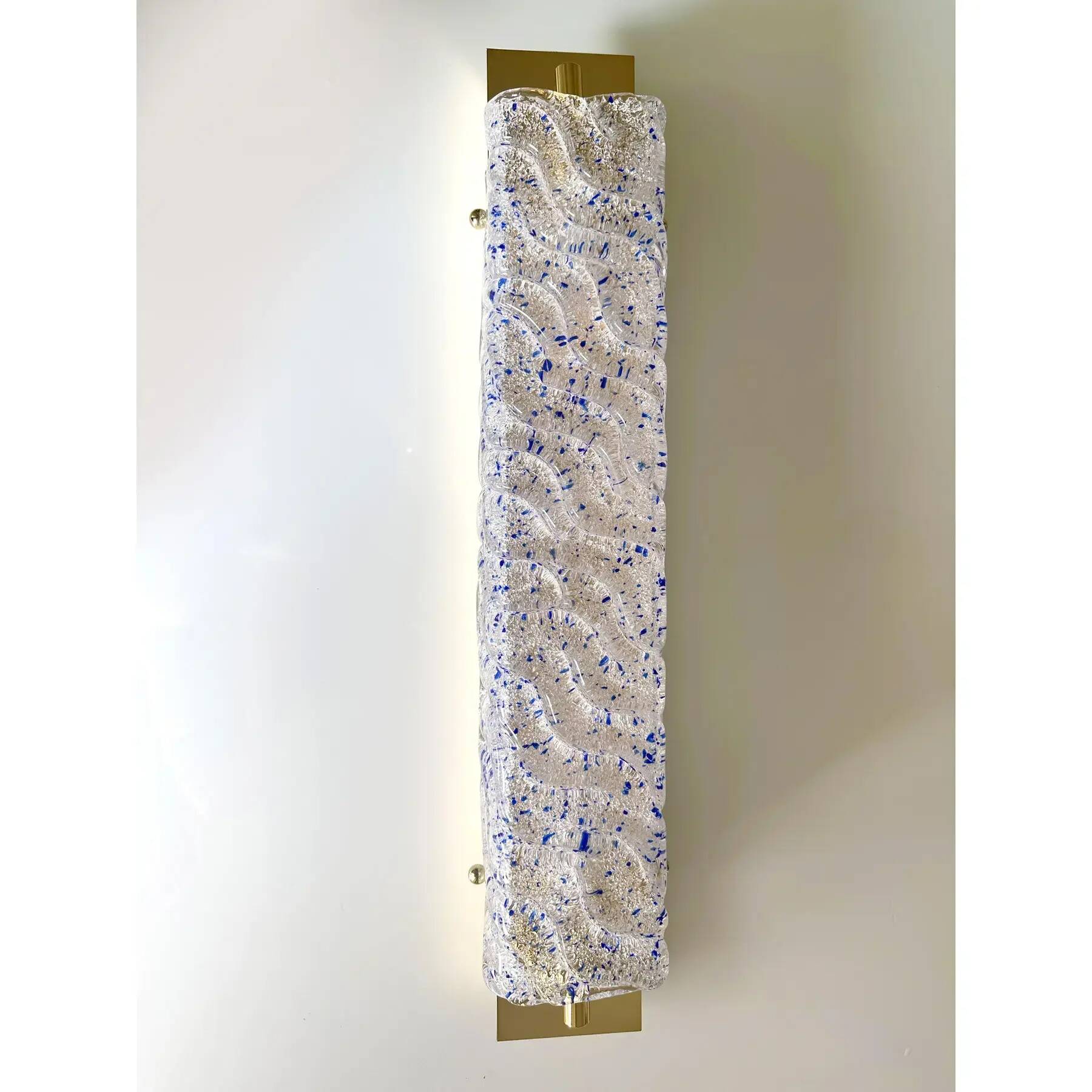 Pair of Gold Wall Sconces With Blue Graniglia Murano Glass