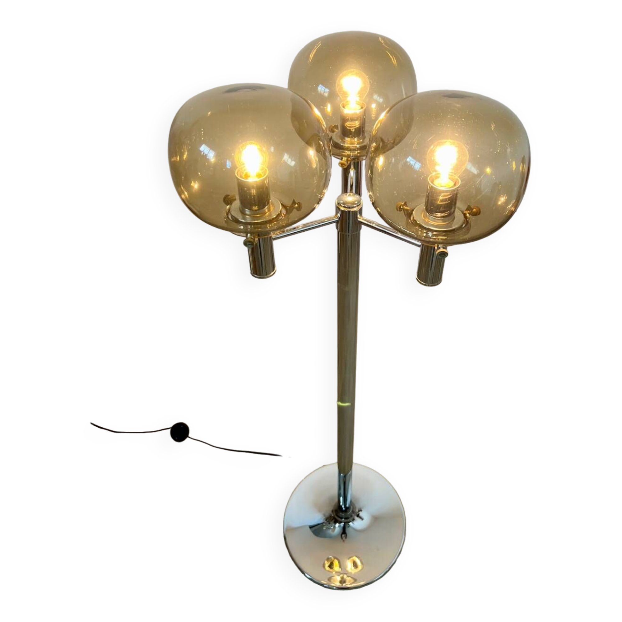 Old 3-light chrome and smoked glass floor lamp Italian design from the 70s vintage