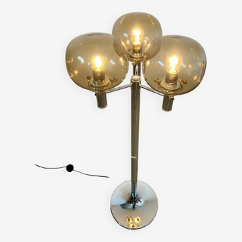 Lampadaire 3 feux chromé et verre fumé design Italien, années 70