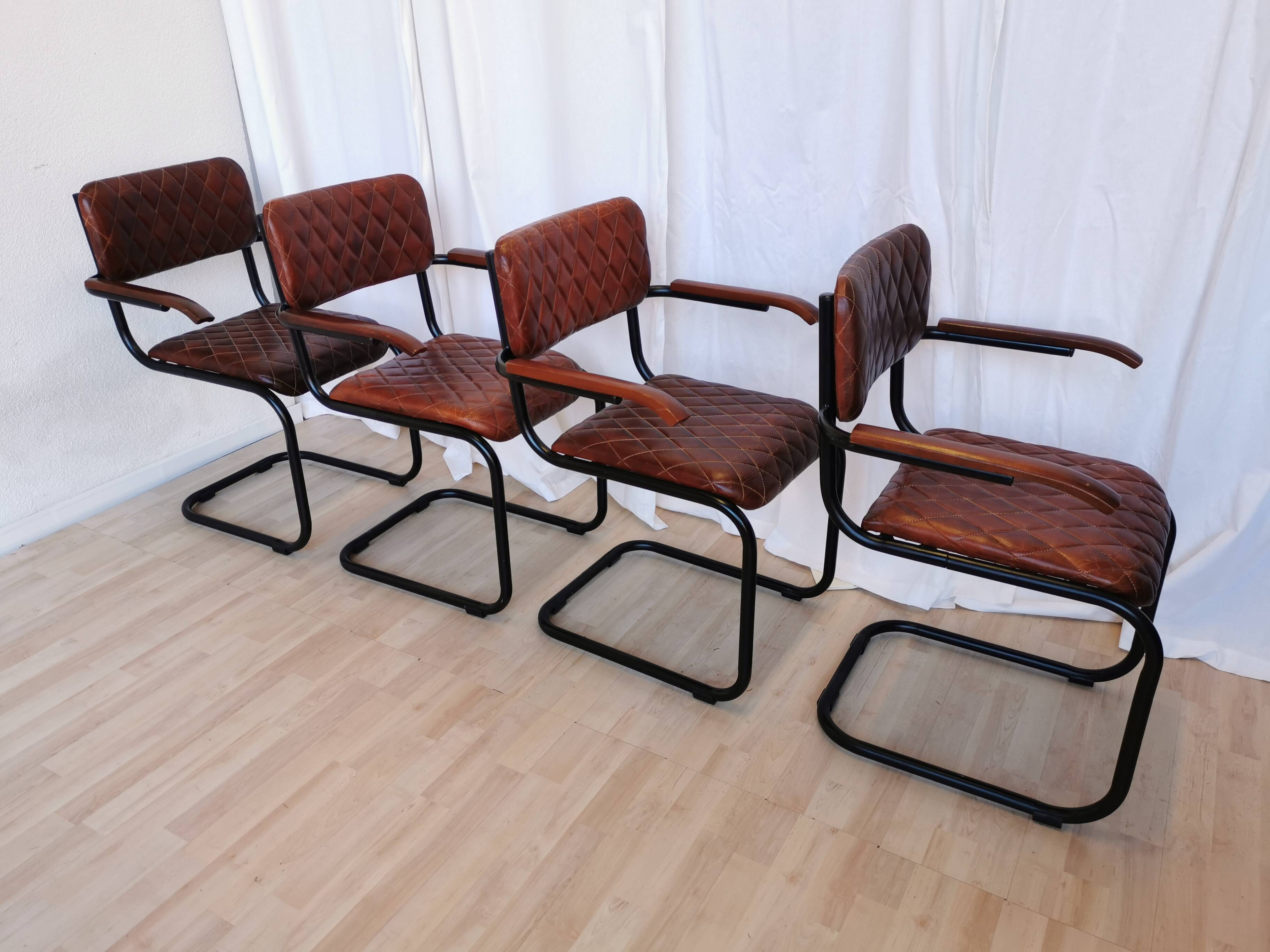 Set of 4 Vintage Quilted Leather Dining Chairs: Black Metal Base