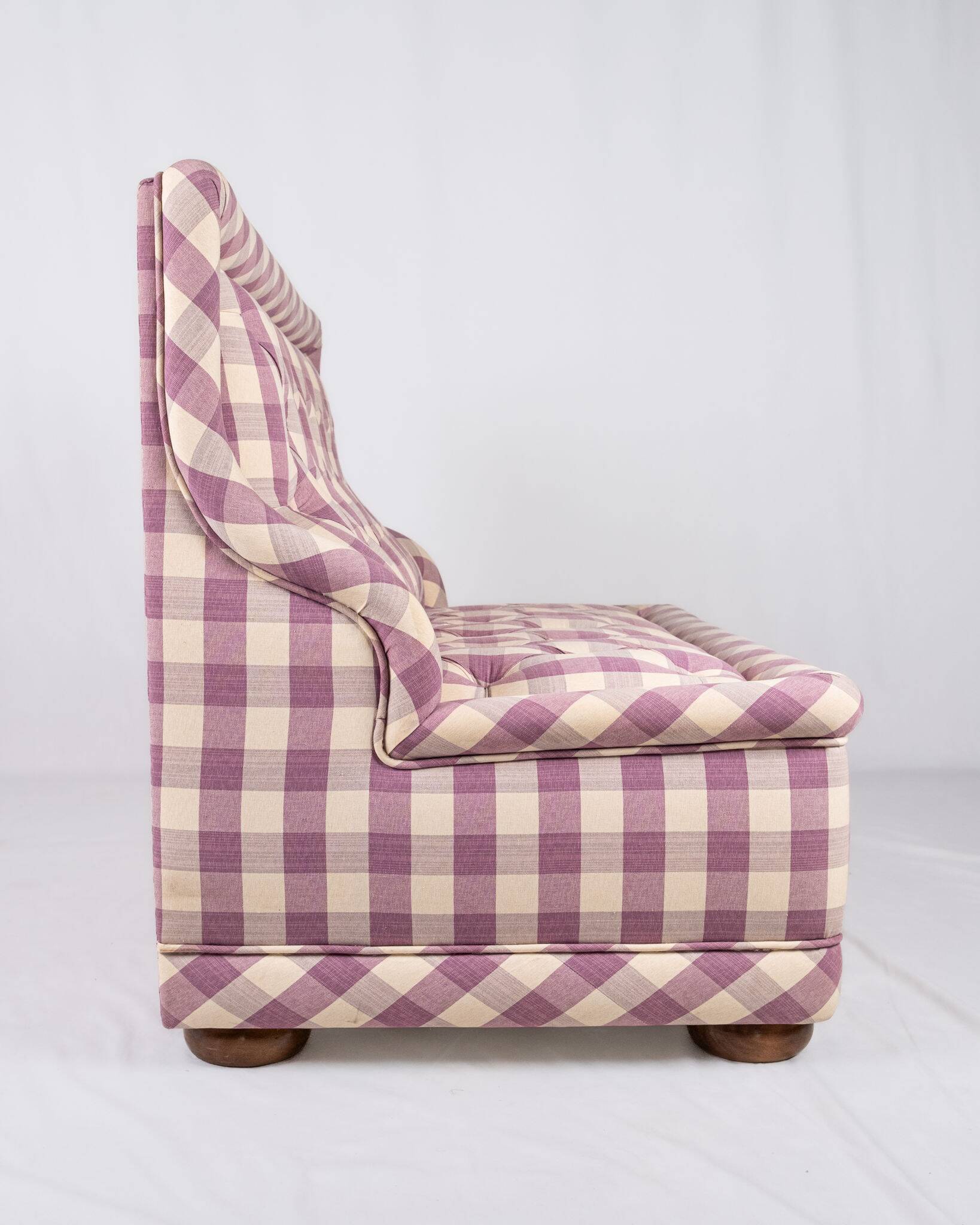 Upholstered bench in mauve and cream Vichy fabric, France, 1970s