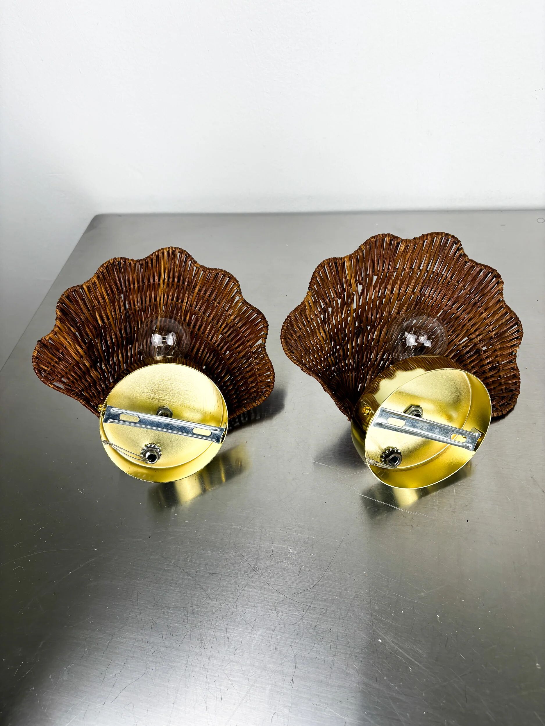 Pair of scalloped rattan wall sconces, 1980s, sourced in Spain