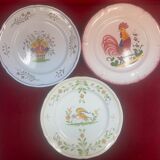 Set of 3 decorative plates Faience by Pornic Bouquets rooster bird 24,5 cm