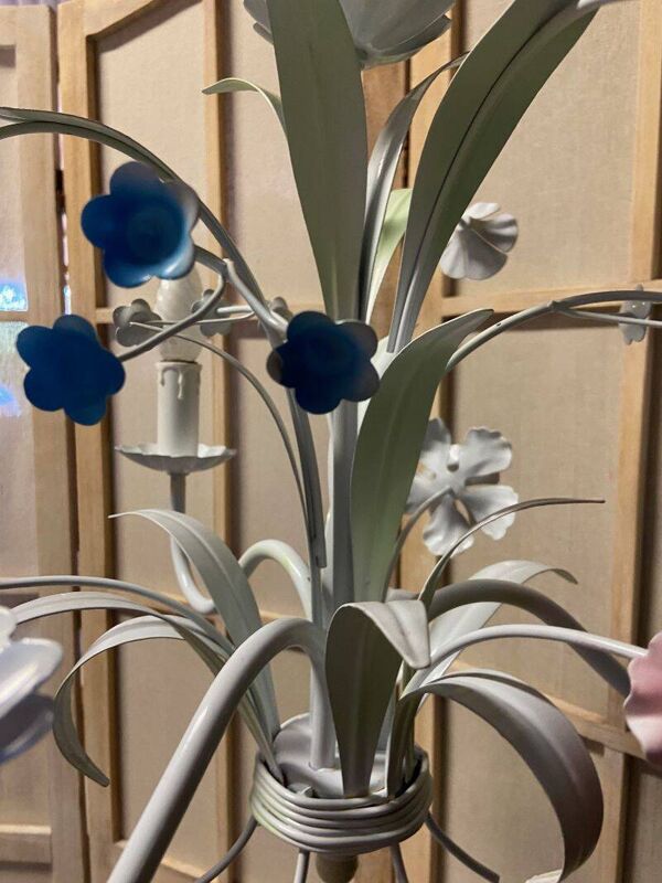 Ancien lustre plafonnier florentine bouquet floral design 1970 art décoratif tôle