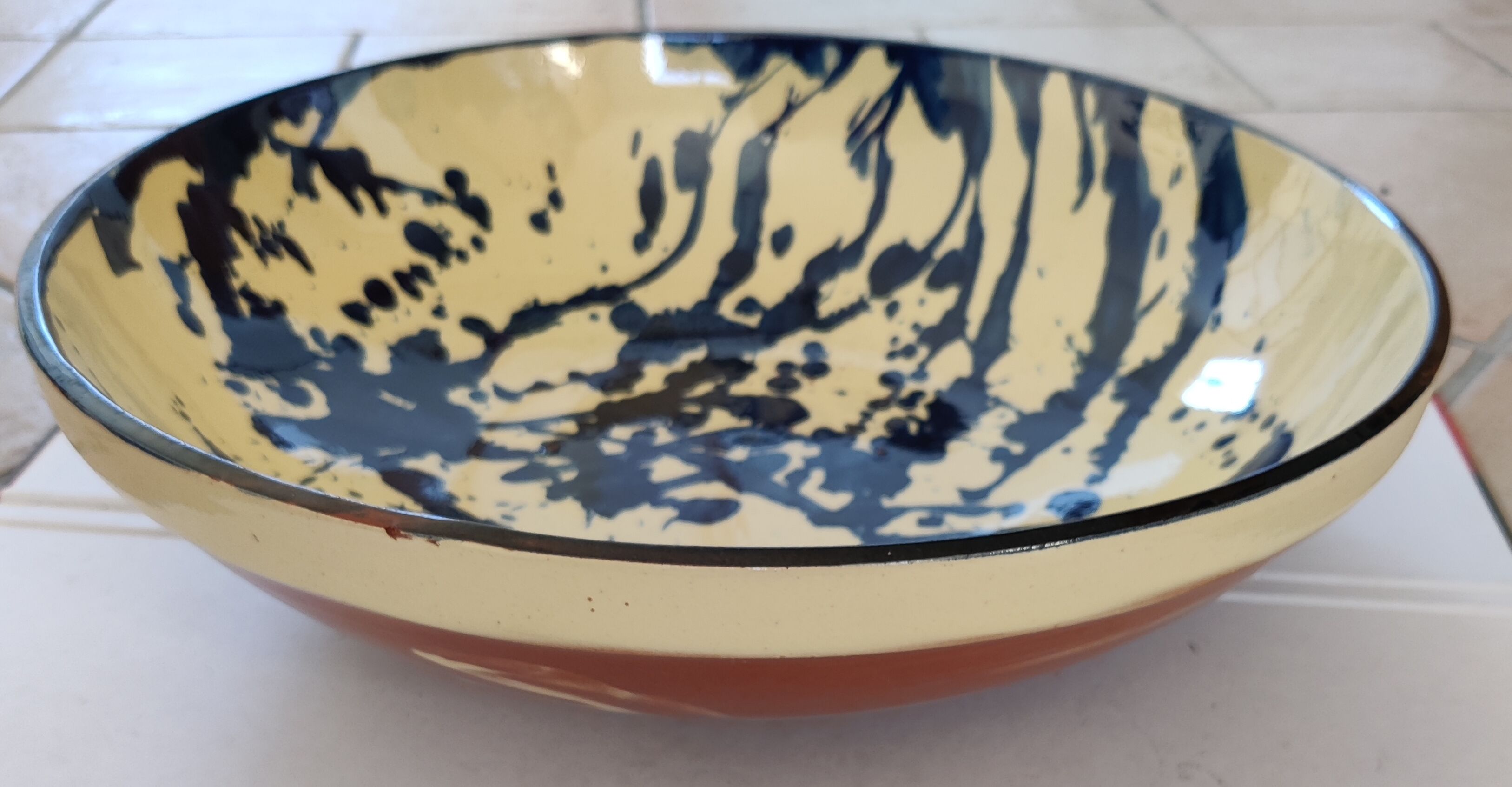 large round dish jatte salad bowl glazed terracotta blue cream
