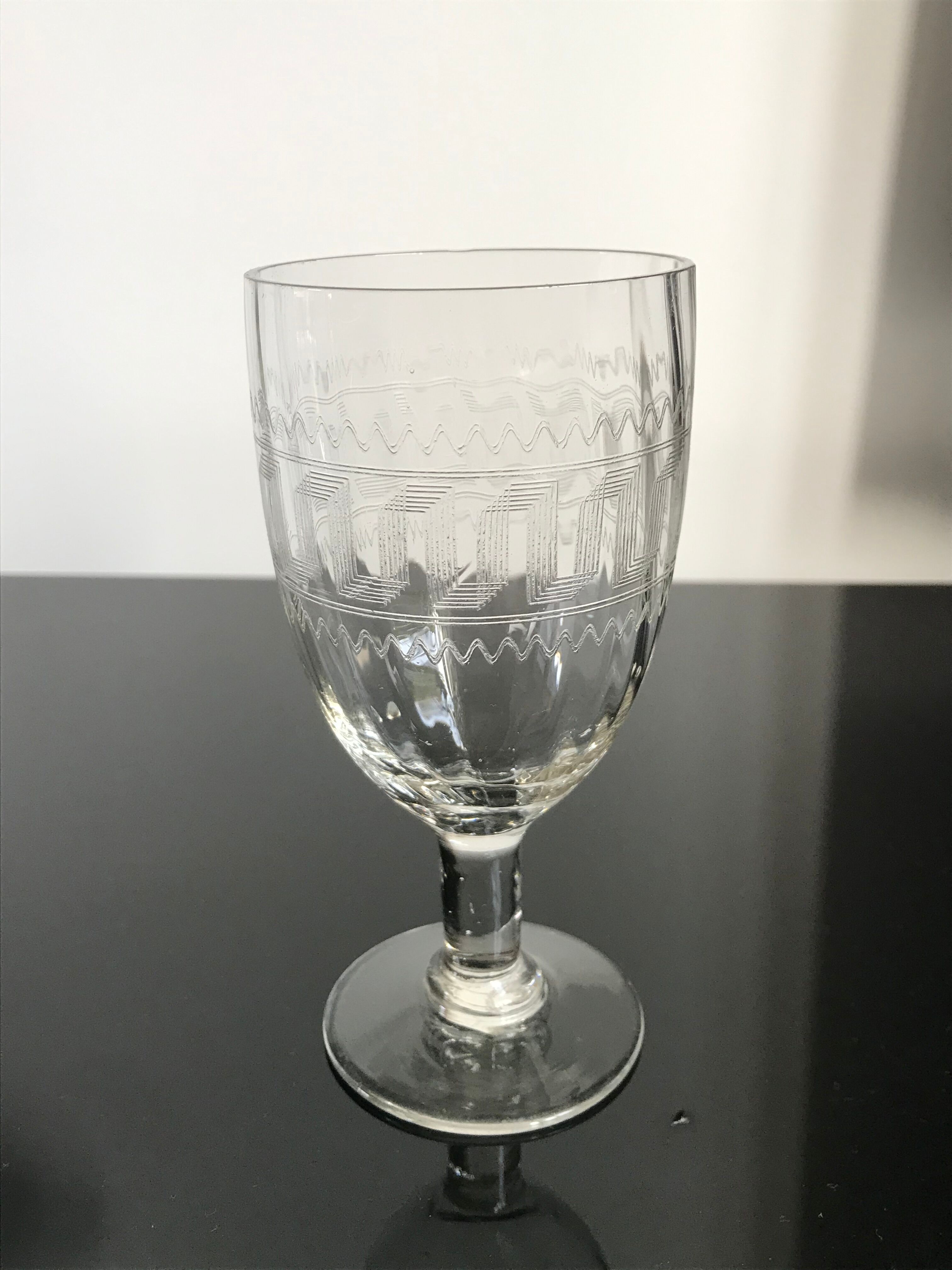 set of 6 large crystal wine glasses engraved early twentieth century