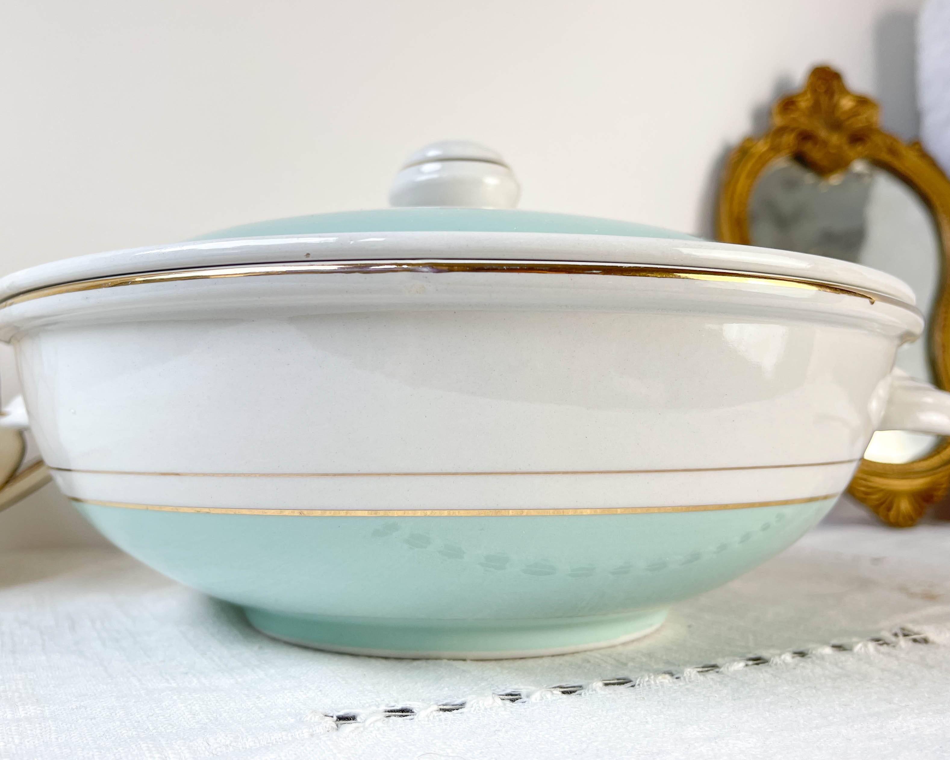 Vintage white and green porcelain tureen, Luneville, Epinay, France, 1950s
